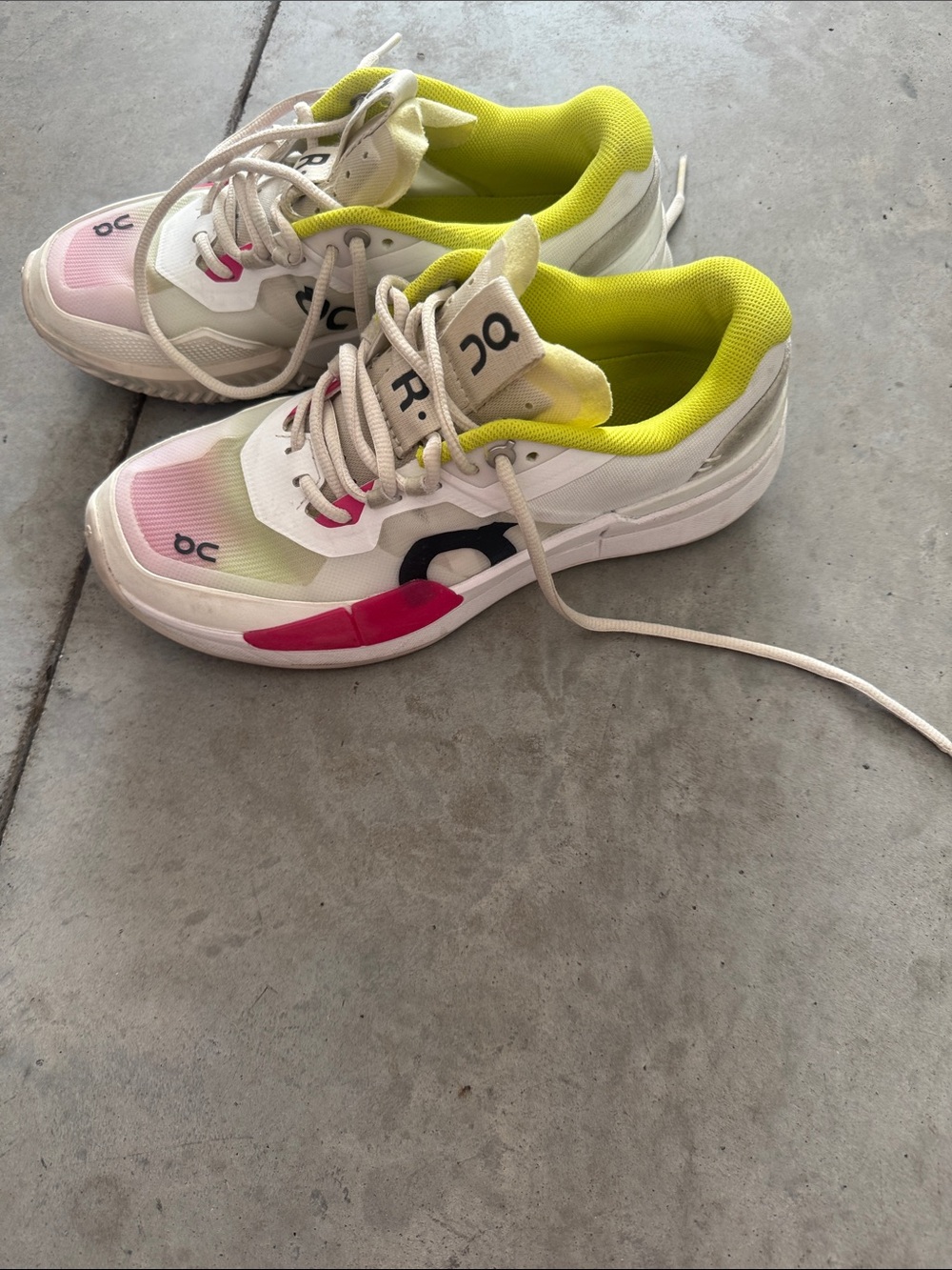 On Running Women's White Athletic Sneakers with Pink and Neon Yellow Accents - Picture 3 of 7